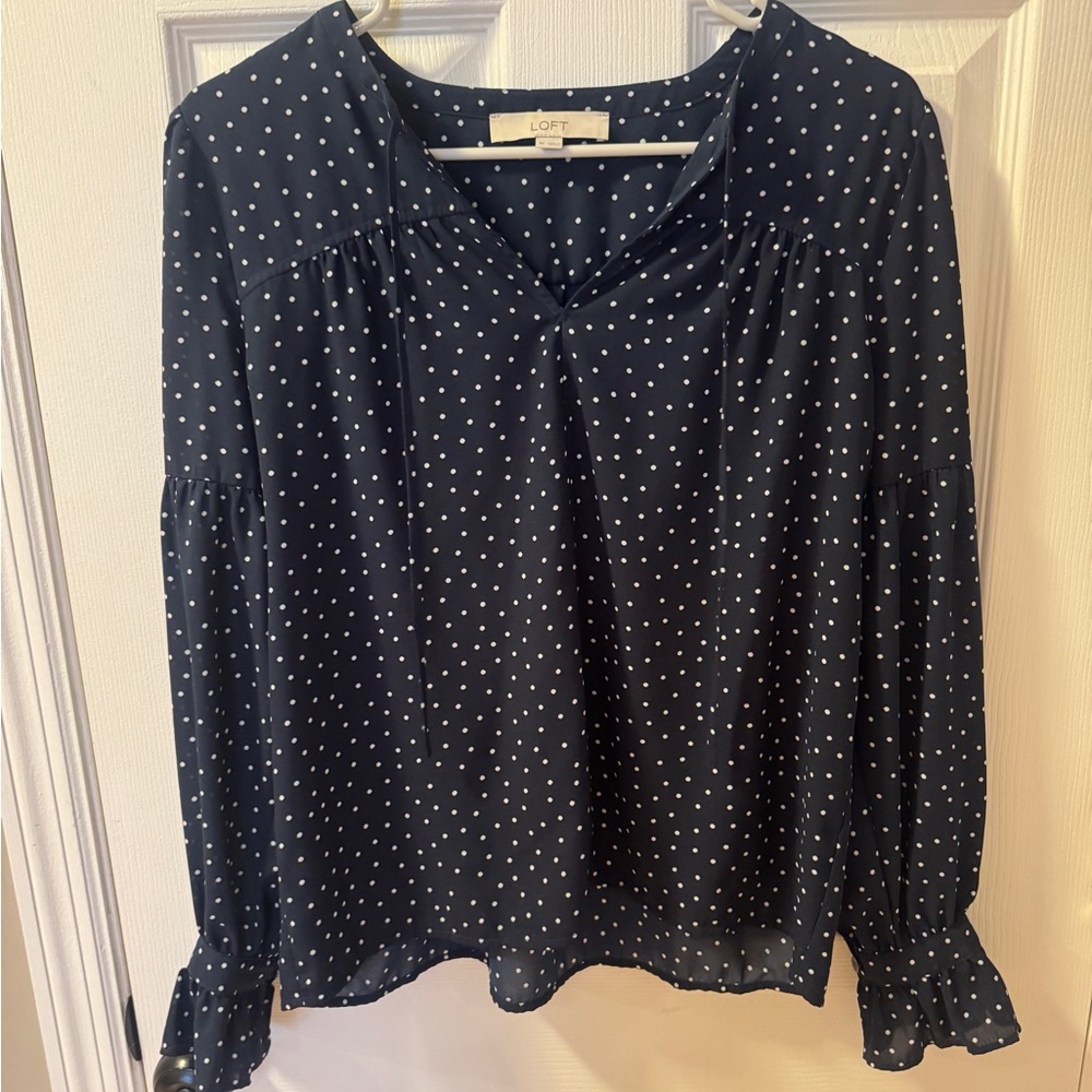 LOFT Navy Blue Polka Dot Long Sleeve Blouse